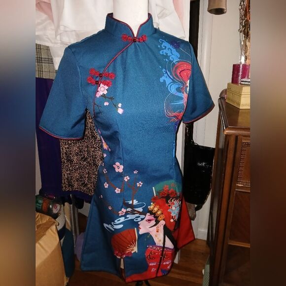 Elegant Blue Dragon Print Mini Dress - Picture 3 of 13